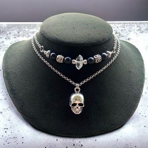 Crystal skull necklace . herkimer diamond quartz onyx gems beads & skull charm